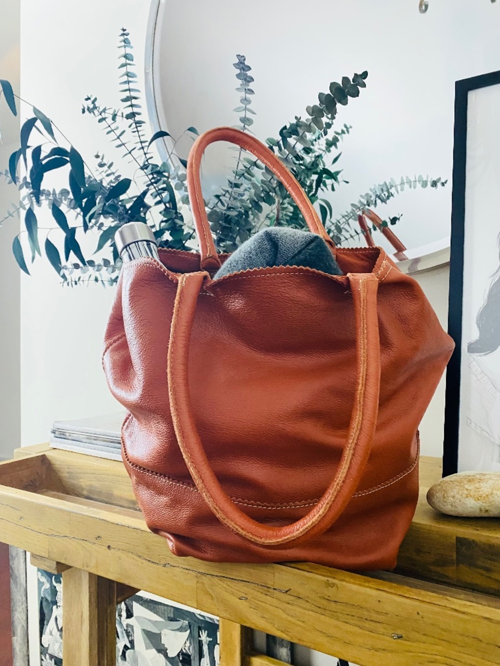 Crate & Barrel Oversized Orange Pebbled Leather Tote Bag 100% Leather